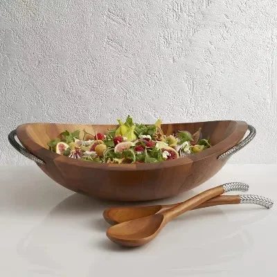 Braid Acacia Wood & Chrome Plate Salad Bowl w/ Servers