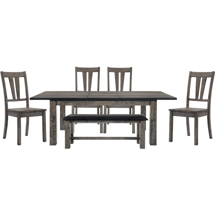 Bramble Hill 6-Piece Dining Set w/ Expandable Table, 4 Wood-Seat Side Chairs and Faux-Leather Bench in Weathered Gray Finish