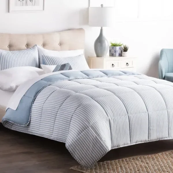 Brookside Striped Reversible Chambray Down Alternative Comforter Set – Calm Sea – California King