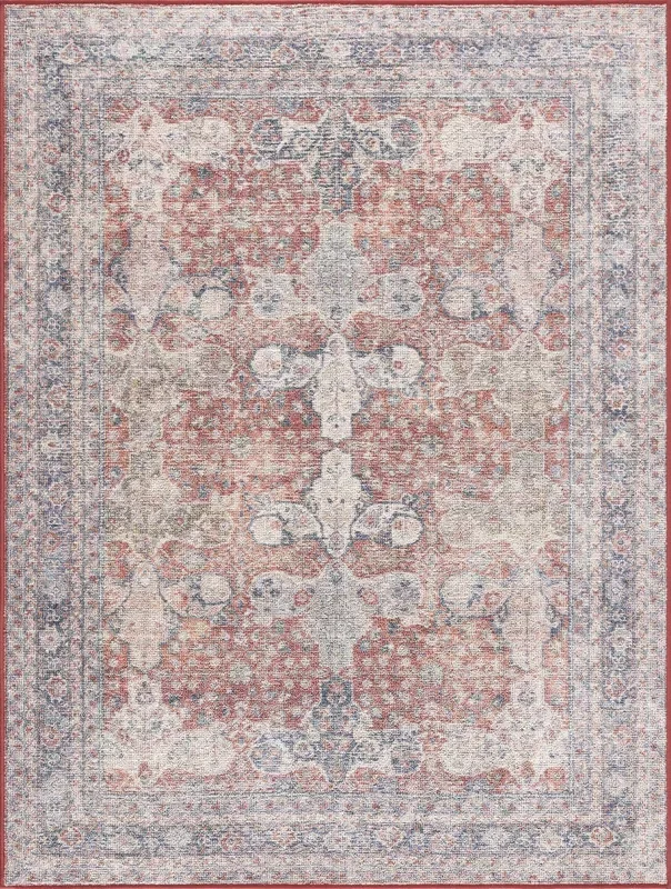 Brown, Blue, Silver and Green Traditional Design With Rubber Backing Washable Area Rug