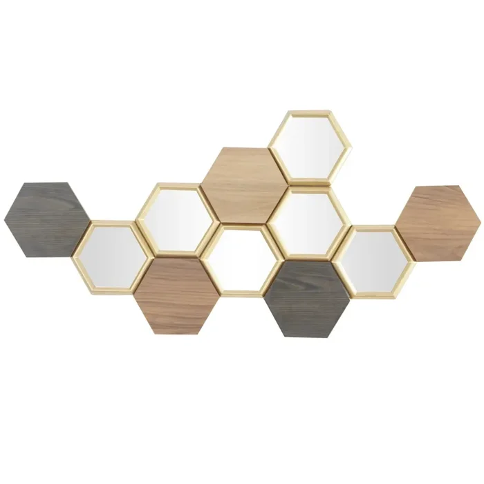 Brown Wood Honeycomb Geometric Wall Decor with Mirrors