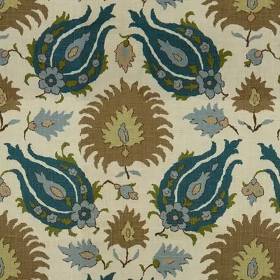 BRUNSCHWIG & FILS BR-700020.225.0 KASHMIRI LINEN PRINT TEAL BLUE/TAUPE Fabric