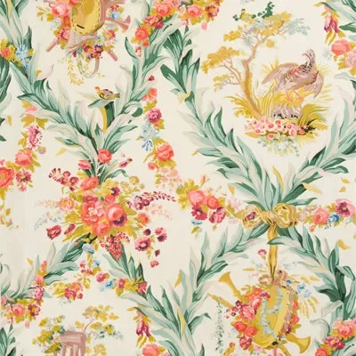 BRUNSCHWIG & FILS BR-70348.0.0 FONTAINEBLEAU GLAZED CHINTZ RED GREEN AND GOLD ON CREAM Fabric
