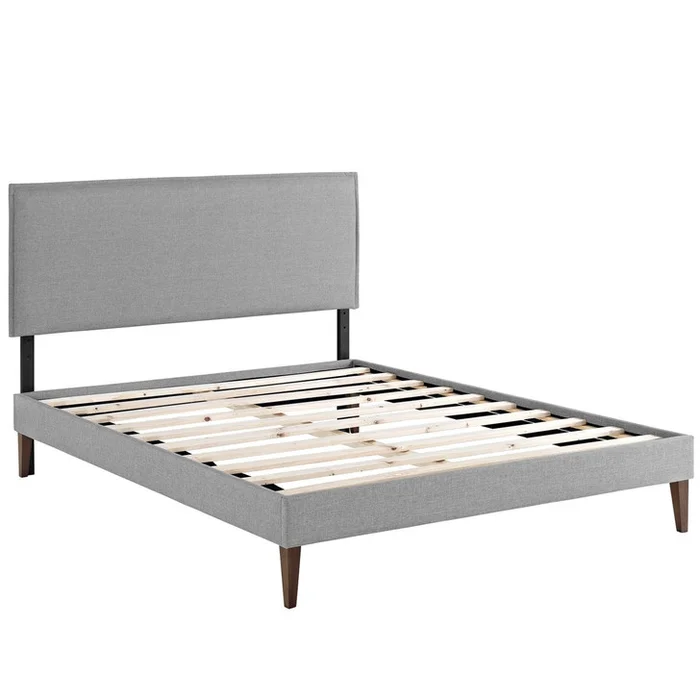 Camille Full Fabric Platform Bed with Squared Tapered Legs, Grey, Fabric 12650