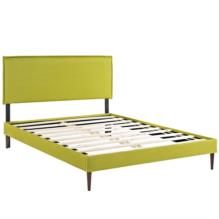 Camille King Fabric Platform Bed with Round Tapered Legs, Green, Fabric 12686