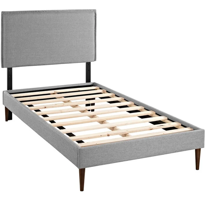 Camille Twin Fabric Platform Bed with Round Tapered Legs, Grey, Fabric 12561