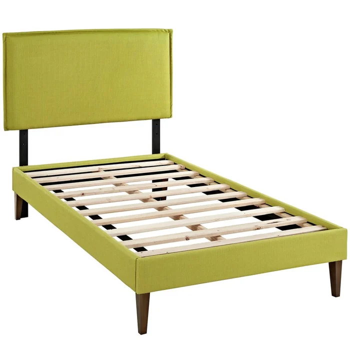 Camille Twin Fabric Platform Bed with Squared Tapered Legs, Green, Fabric 12521