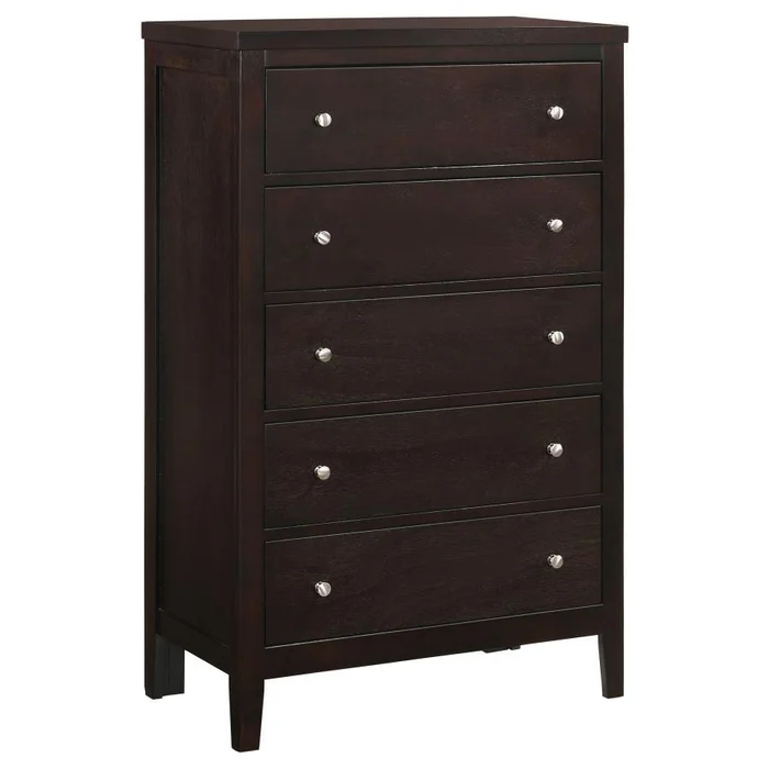 Carlton 5-Drawer Bedroom Chest – Rich Cappuccino Finish, Brushed Silver Handles, Spacious Storage, Elegant Solid Wood Chest for Master Bedroom