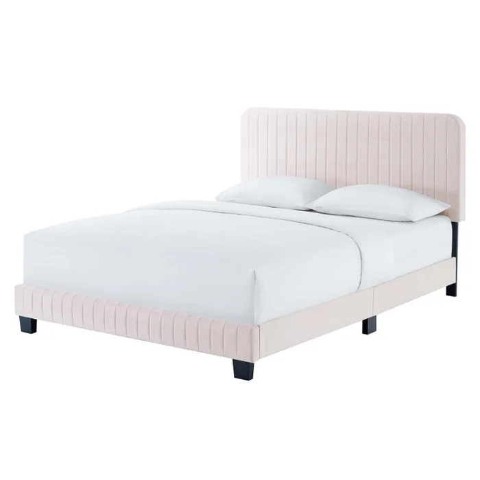 Celine Channel Tufted Performance Velvet Full Platform Bed, Velvet, Pink, 22059
