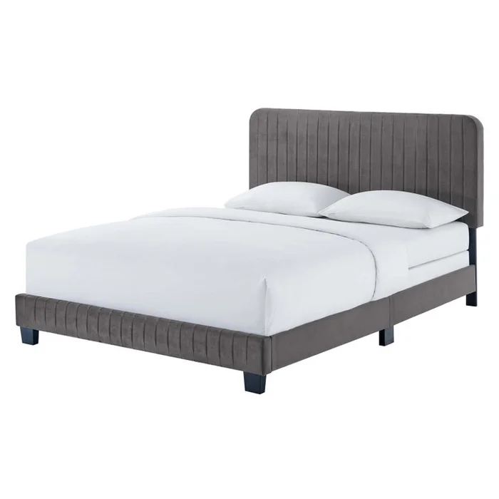 Celine Channel Tufted Performance Velvet Queen Bed, Velvet, Grey Gray, 22010