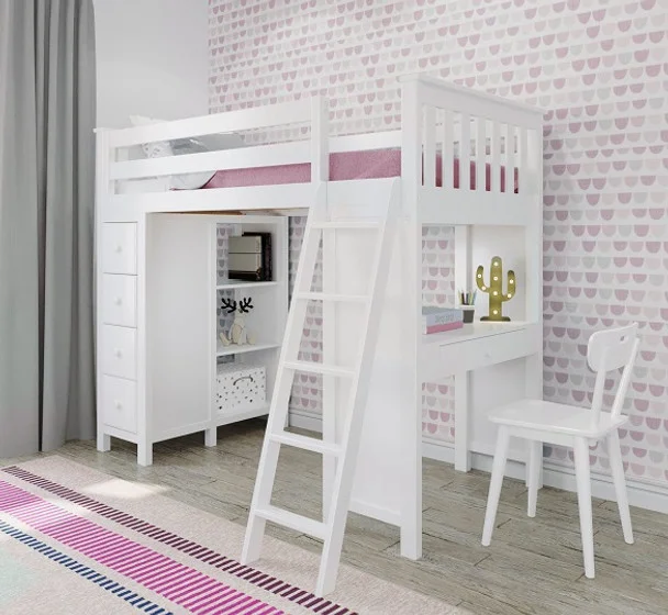 Chelsea White Twin Loft Bed with Desk and Storage