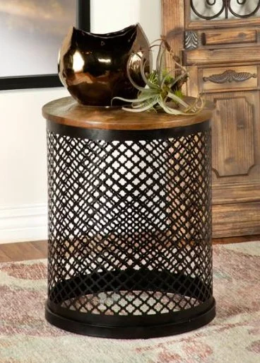 Coaster 935990 Wrought studio natural finish solid mango wood top black frame criss cross style round chair side end table