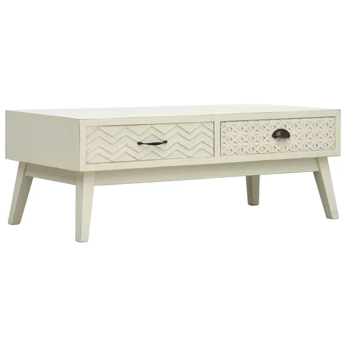 Coffee Table With 2 Drawers Carving Grey 110X50X40 Cm Wood