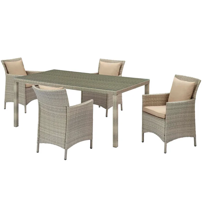 Conduit 5 Piece Outdoor Patio Wicker Rattan Dining Set, Rattan, Wicker, Light Grey Gray Beige, 18698