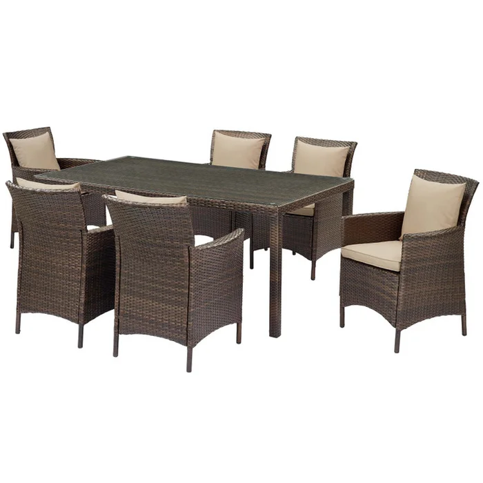 Conduit 7 Piece Outdoor Patio Wicker Rattan Dining Set, Rattan, Wicker, Brown Beige, 19094