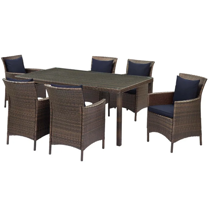 Conduit 7 Piece Outdoor Patio Wicker Rattan Dining Set, Rattan, Wicker, Brown Blue Navy, 19100