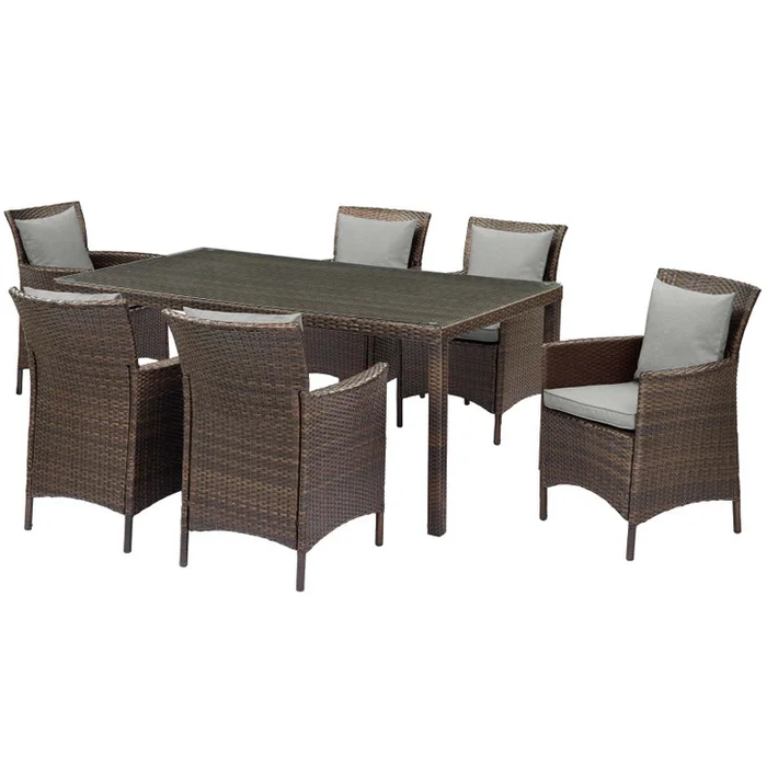 Conduit 7 Piece Outdoor Patio Wicker Rattan Dining Set, Rattan, Wicker, Brown Grey Gray, 19098