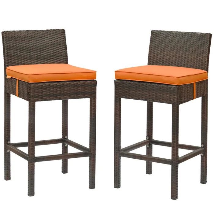 Conduit Bar Stool Outdoor Patio Wicker Rattan Set of 2, Fabric Rattan Wicker, Brown Orange, 17557