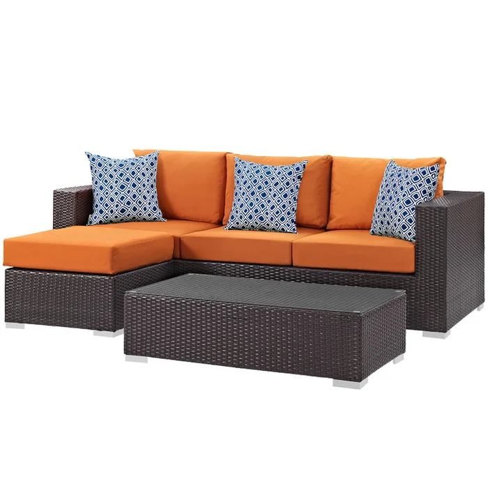 Convene 3 Piece Outdoor Patio Sofa Set, Rattan, Wicker, Dark Brown Orange, 18116