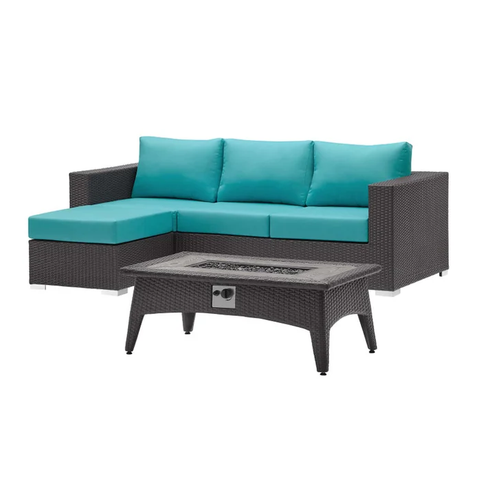 Convene 3 Piece Set Outdoor Patio with Fire Pit, Fabric Rattan Wicker, Blue, 17596