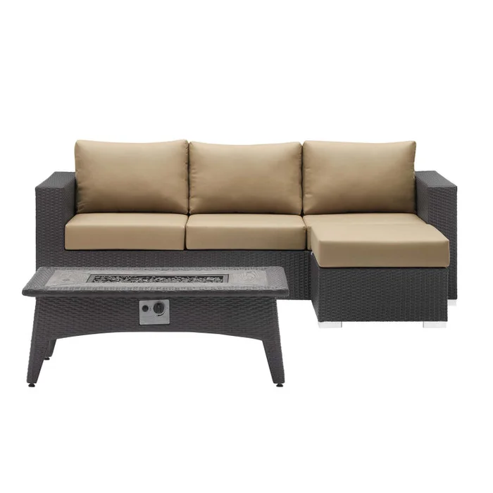 Convene 3 Piece Set Outdoor Patio with Fire Pit, Fabric Rattan Wicker, Light Brown, 17594