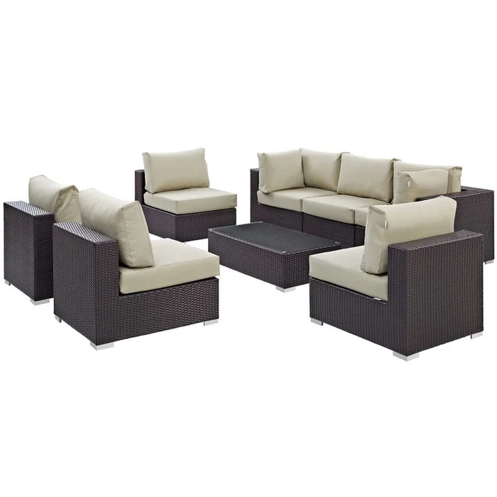 Convene Eight PCS Outdoor Patio Sectional Set, Beige, Rattan 10639