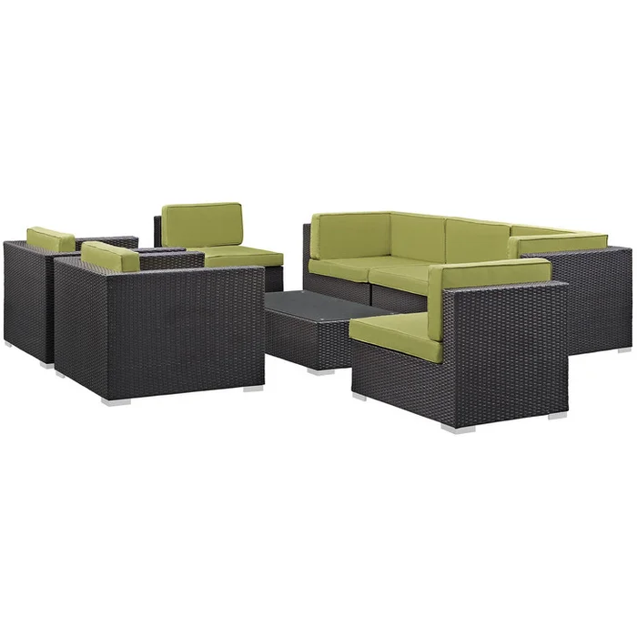 Convene Eight PCS Outdoor Patio Sectional Set, Brown, Synthetic Rattan, Fabric