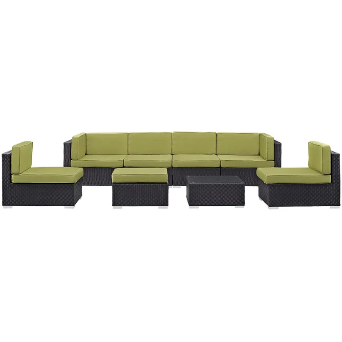 Convene Eight PCS Outdoor Patio Sectional Set, Green, Fabric, Synthetic Rattan