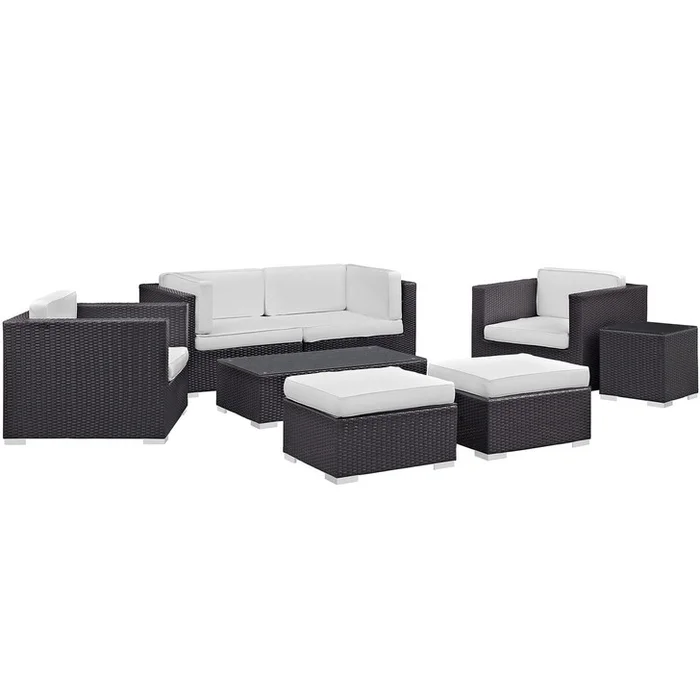 Convene Eight PCS Outdoor Patio Sectional Set, White, Fabric, Synthetic Rattan 1835