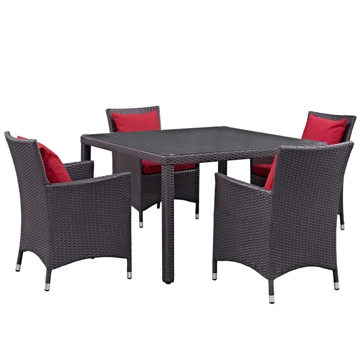 Convene Five PCS Outdoor Patio Dining Set, Red, Rattan 10567