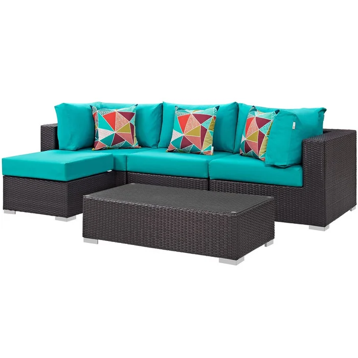 Convene Five PCS Outdoor Patio Sectional Set, Blue, Rattan 11097