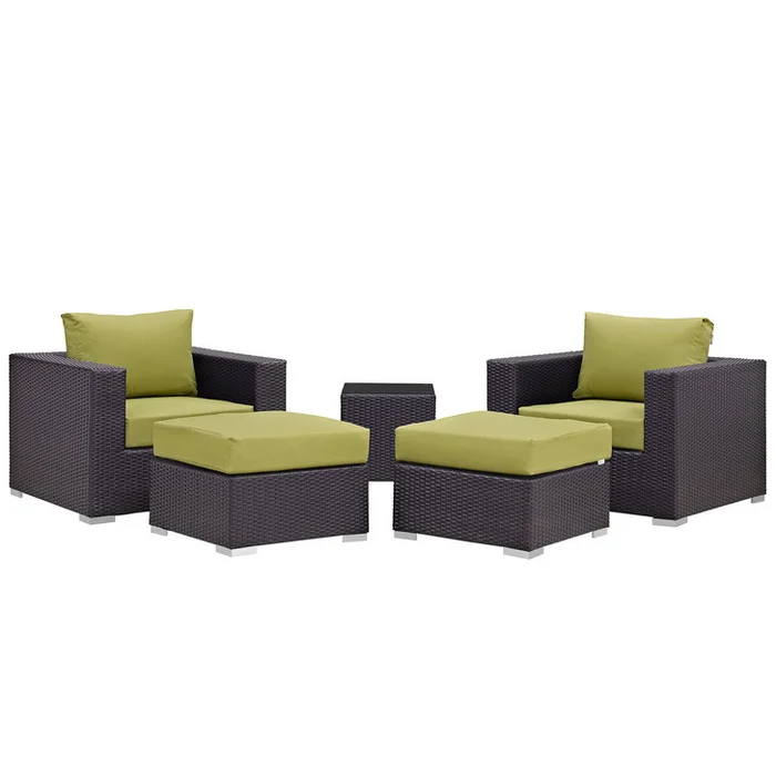 Convene Five PCS Outdoor Patio Sectional Set, Green, Fabric, Synthetic Rattan