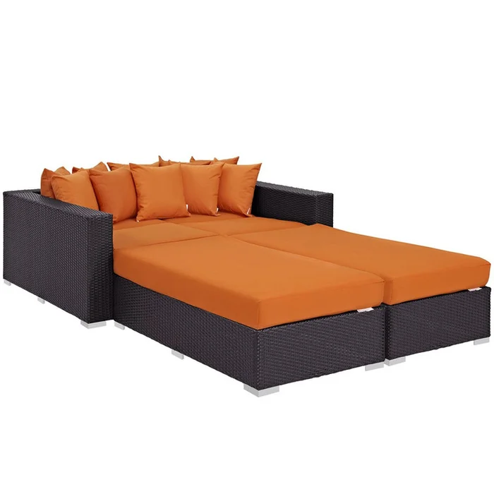 Convene Four PCS Outdoor Patio Daybed, Orange, Rattan 10388