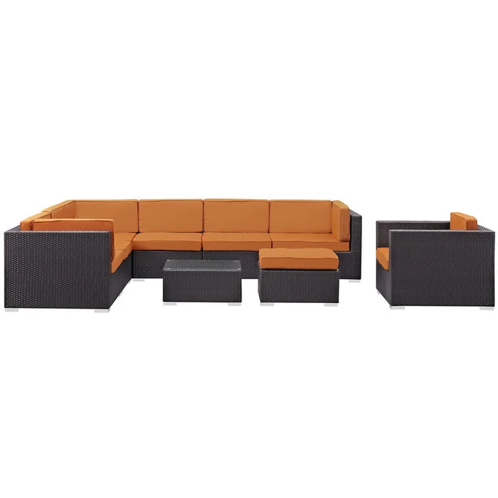 Convene Nine PCS Outdoor Patio Sectional Set, Orange, Fabric, Synthetic Rattan