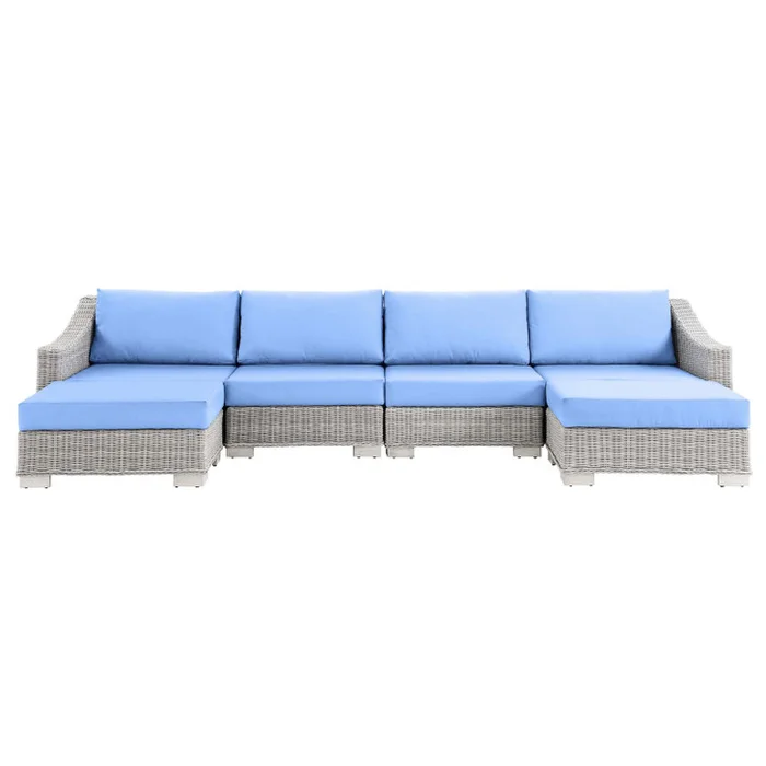 Conway Outdoor Patio Wicker Rattan 6-Piece Sectional Sofa Furniture Set, Rattan, Wicker, Light Grey Gray Light Blue, 23406