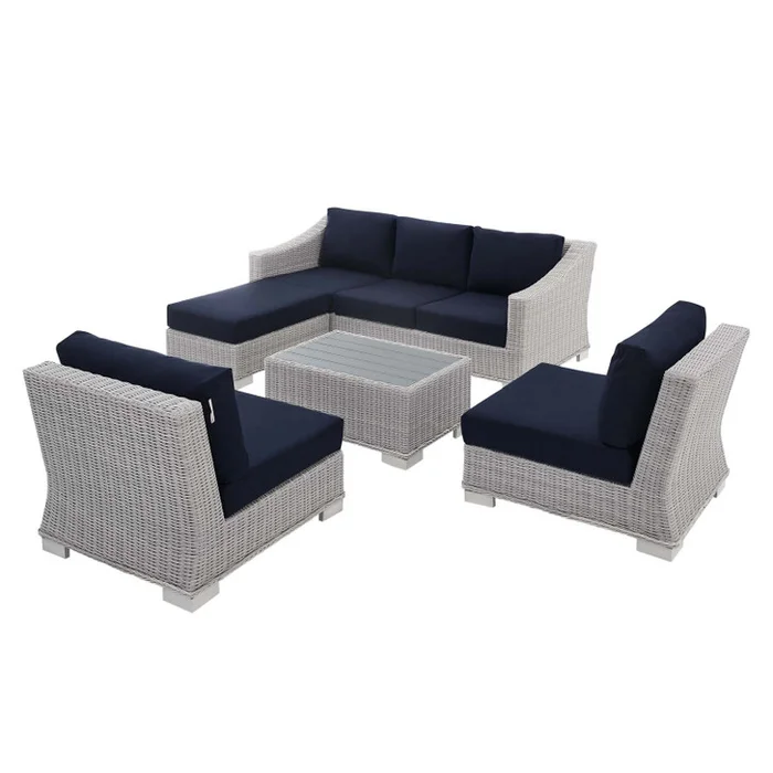Conway Sunbrella® Outdoor Patio Wicker Rattan 5-Piece Furniture Set, Rattan, Wicker, Light Grey Gray Blue Navy, 19843