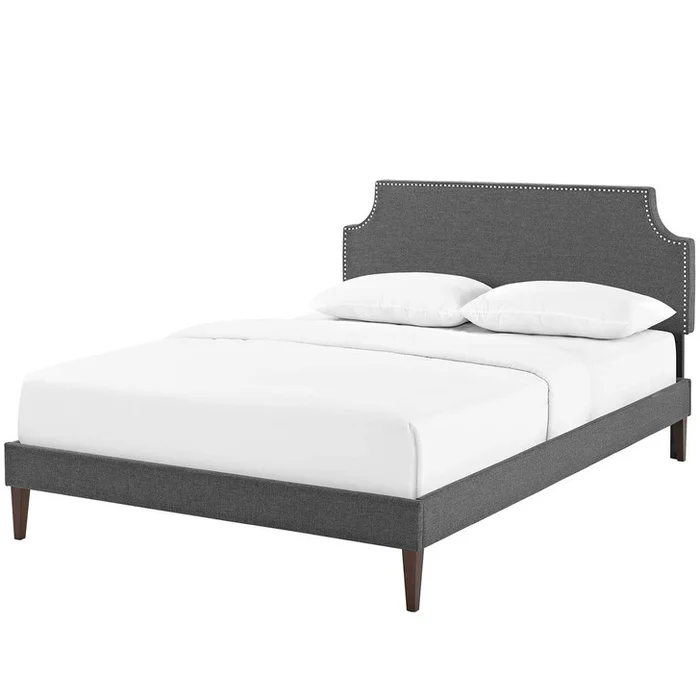 Corene Full Fabric Platform Bed with Squared Tapered Legs, Full Size, Fabric Copper Nail Rivet, Grey Gray, 14631
