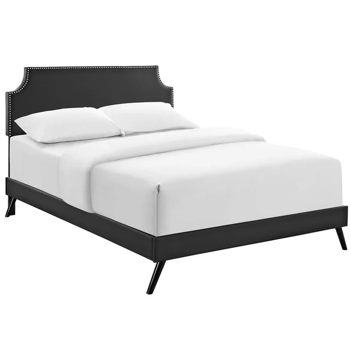 Corene Queen Vinyl Platform Bed with Round Splayed Legs, Queen Size, Faux Vinyl Leather, Black, 14612
