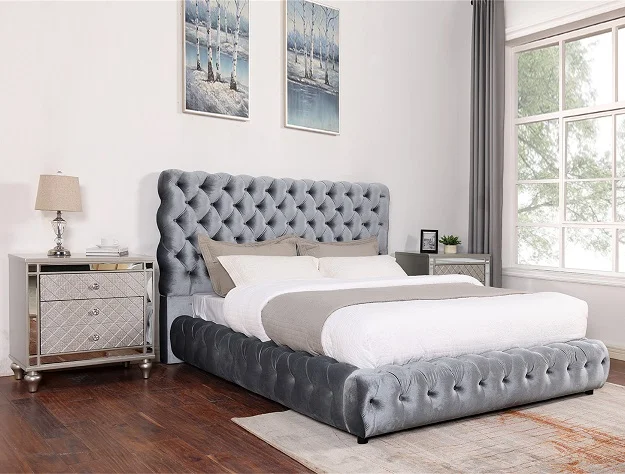 Crown mark 5112GY-K Flory grey fabric upholstered button tufted headboard platform eastern king bed set