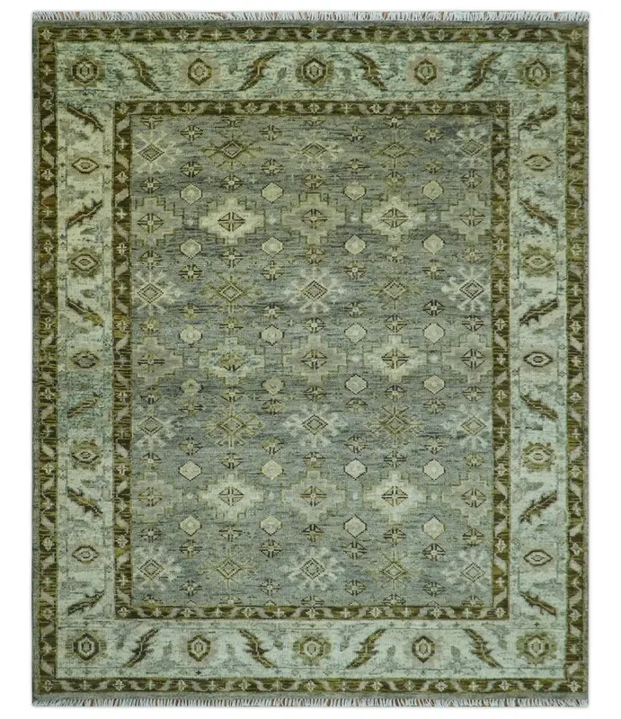 Custom Made Silver Traditional Heriz Design Hand Knotted wool area rug