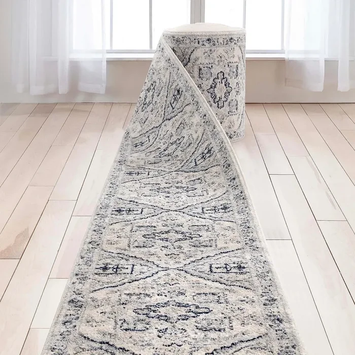 Custom Size Runner Camilla Farmhouse Medallion Ivory Blue Choose Your Width x Choose Your Length Hallway Runner Rug