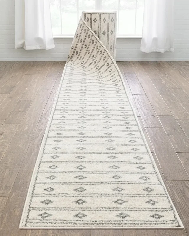 Custom Size Runner Parallel Tribal Diamond Pattern Ivory Grey 27 Inch Wide x Choose Your Length Hallway Runner Rug