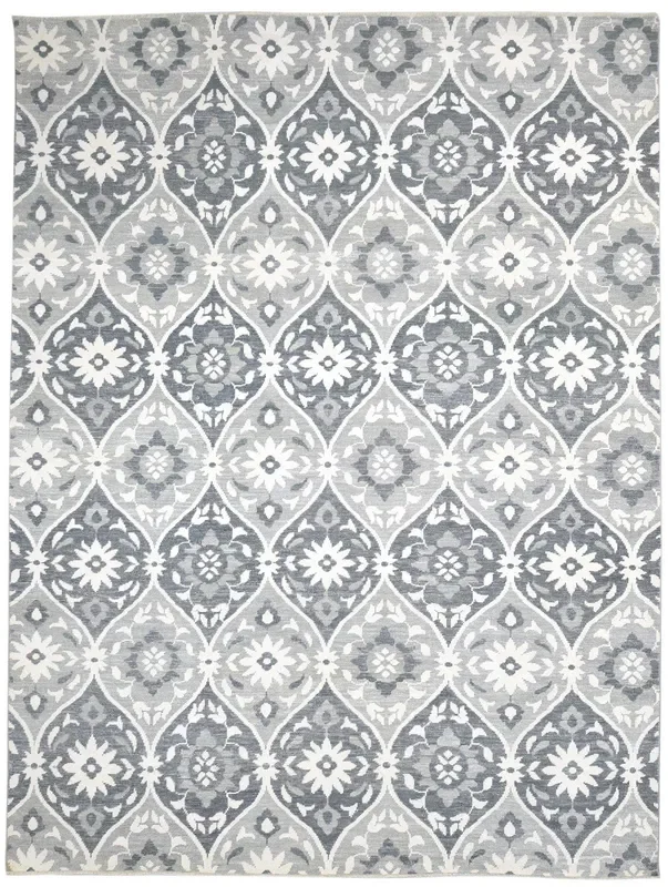 Daveta Hand Knotted Grey Wool Silk Rug 9′ X 12′ Modern Moroccan Trellis