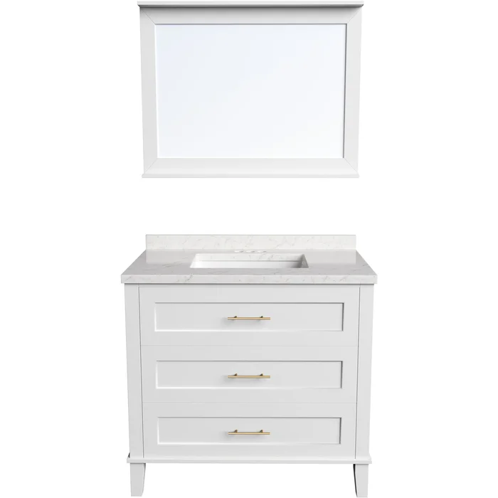 Delmont 36-In. Bathroom Vanity Set includes Sink, Countertop, and Pre-Assembled Cabinet w/ 3 Drawers, Accent Mirror, White