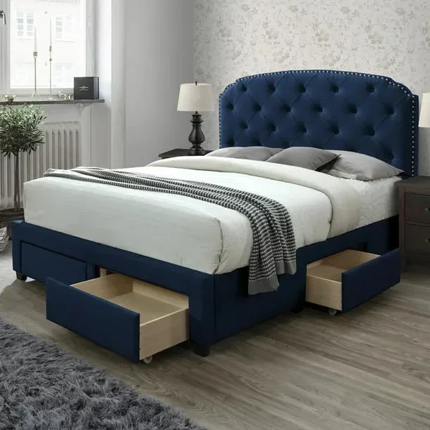 DG Casa Argo Tufted Upholstered Panel Bed Frame with Storage Drawers and Nailhead Trim Headboard, Queen Size Storage Bed in Blue Faux Velvet Fabric