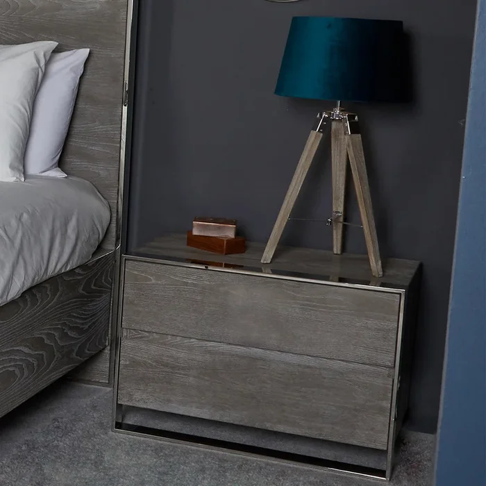 Diego 2 Drawer Bedside Cabinet Grey Elm & Stainless Steel