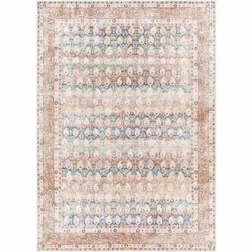 Distressed Look Vintage Style Beige, Rust and Blue Ikat design Machine Washable Rug