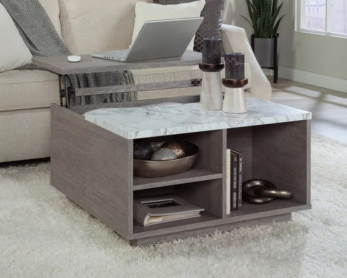 East Rock Lift-Top Coffee Table in Ashen Oak – Faux Marble Top with Hidden Storage, Adjustable Shelf & Cubby for Modern Living Room Functionality
