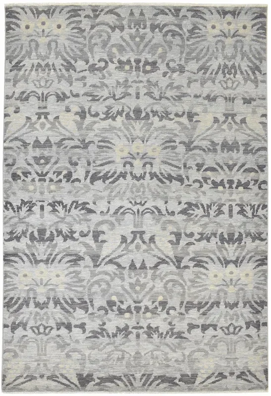 Ediva Grey Wool Silk Rug 6′ X 9′ Modern Hand Knotted Indian Floral