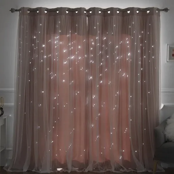 Efird Tulle Overlay Star Cut Out Solid Blackout Thermal Header Curtain Panel (Set of 2) ACS206